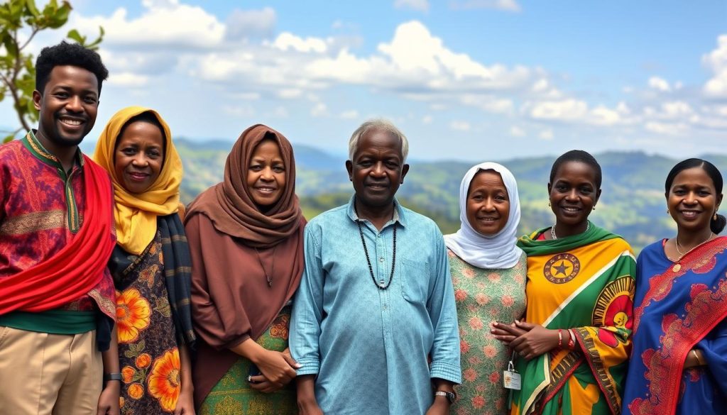 Diverse group of smiling Tanzanians representing the country's linguistic diversity
