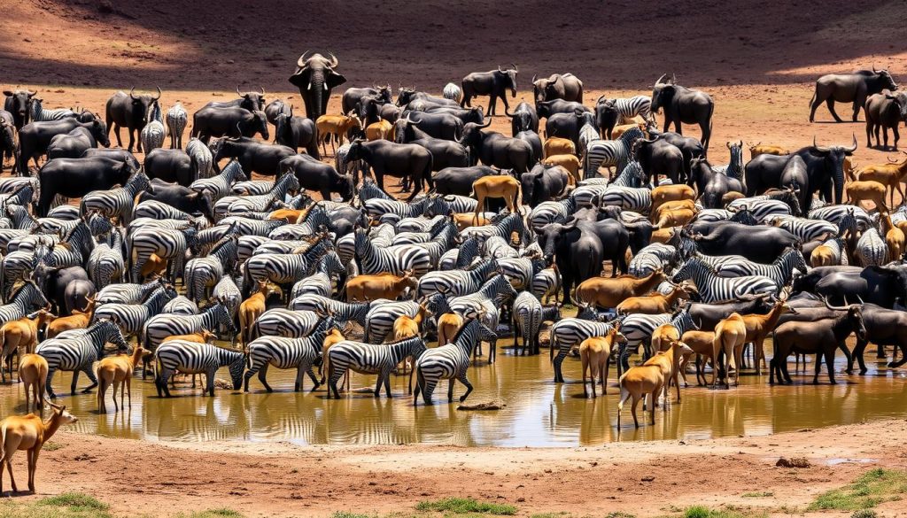 Diverse wildlife gathering at a waterhole in Ngorongoro Crater