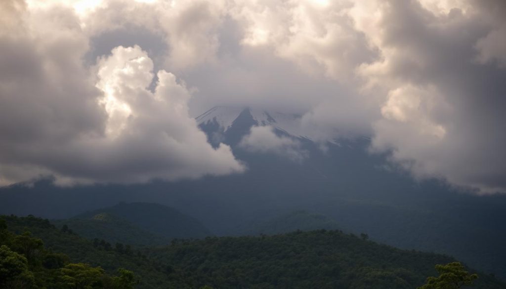 Dramatic rain clouds over Mount Kilimanjaro during Tanzania rainy season