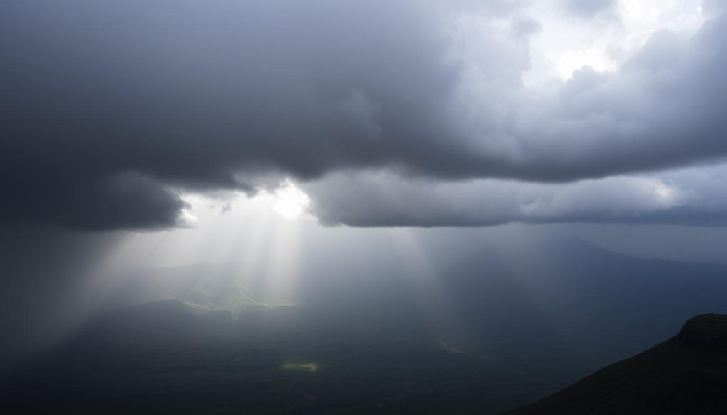 Dramatic storm clouds gathering over Ngorongoro Crater during rainy season