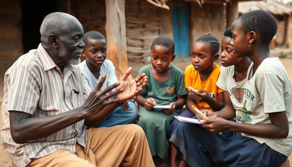 Elderly Tanzanian man teaching traditional language to younger generation