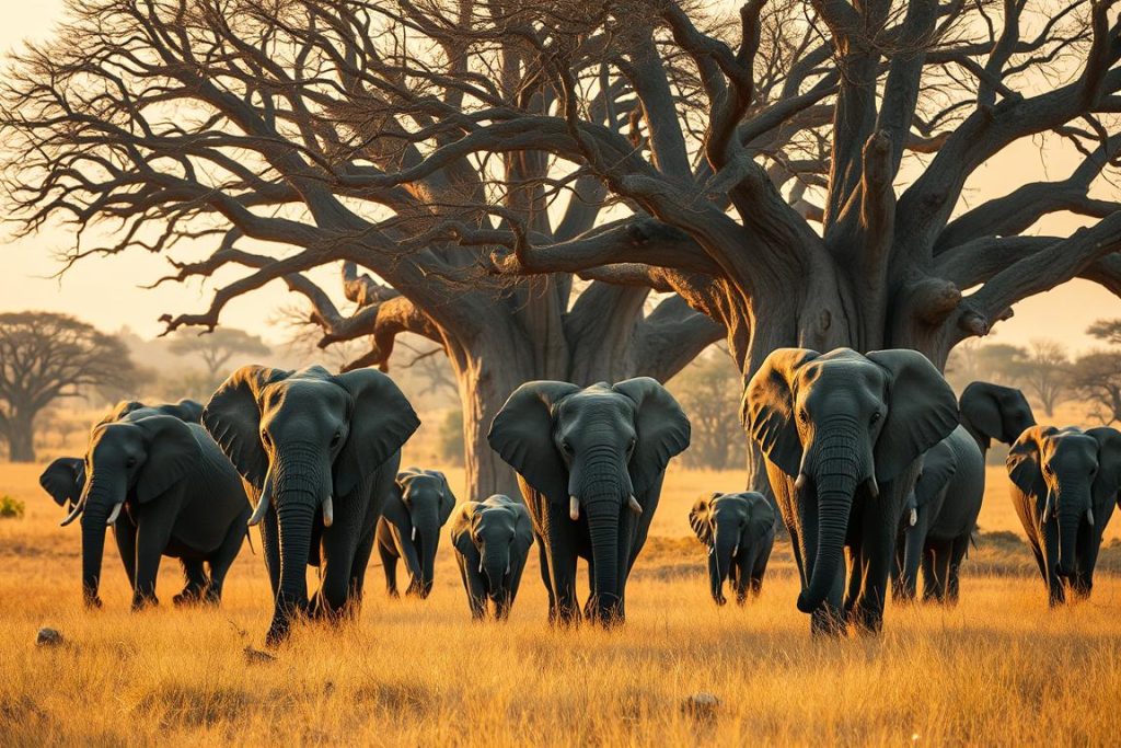 Elephants among baobab trees in Tarangire National Park during a Tanzania adventure safari