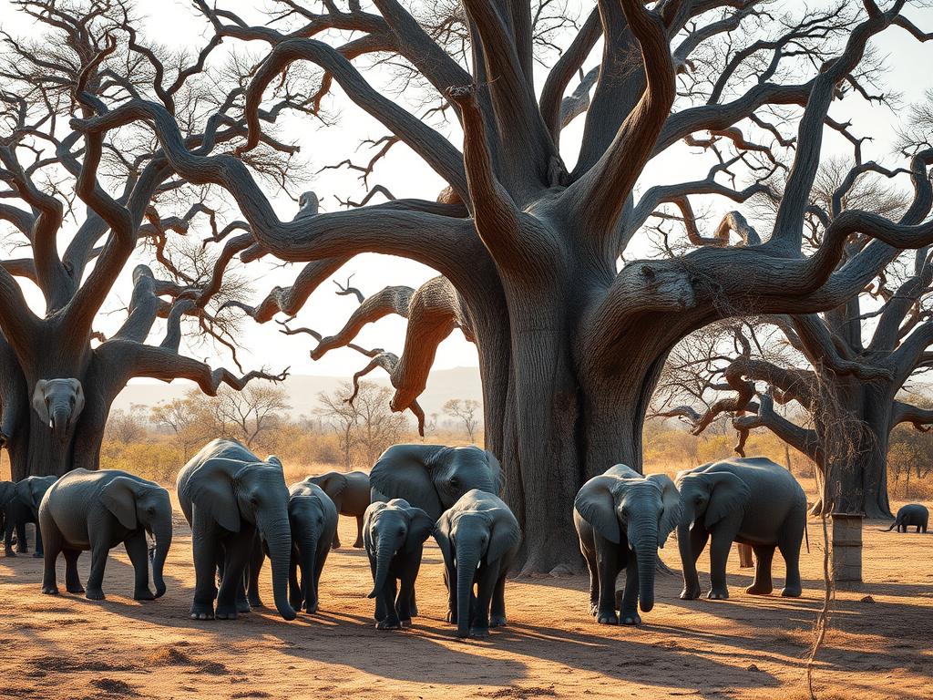 Elephants gathered around baobab trees in Tarangire National Park