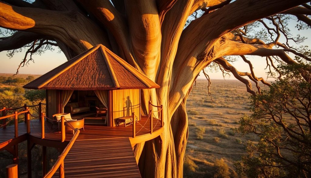 Elevated treehouse suite at Tarangire Treetops Lodge built around baobab trees with savannah views