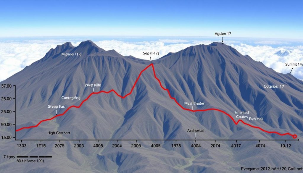 Elevation profile of the 7-day Machame Route on Mount Kilimanjaro showing daily camps