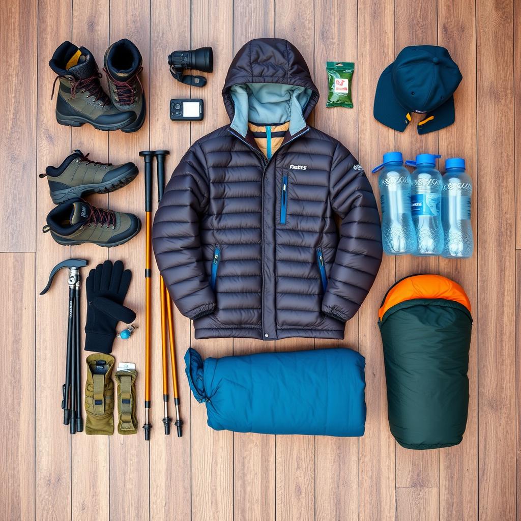 Essential climbing gear laid out for Kilimanjaro expedition