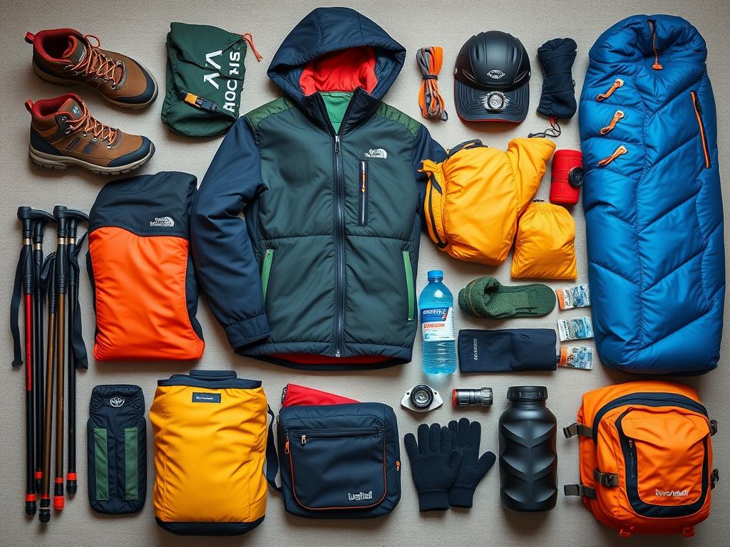 Essential gear laid out for a Kilimanjaro climb including proper layers, boots, and equipment