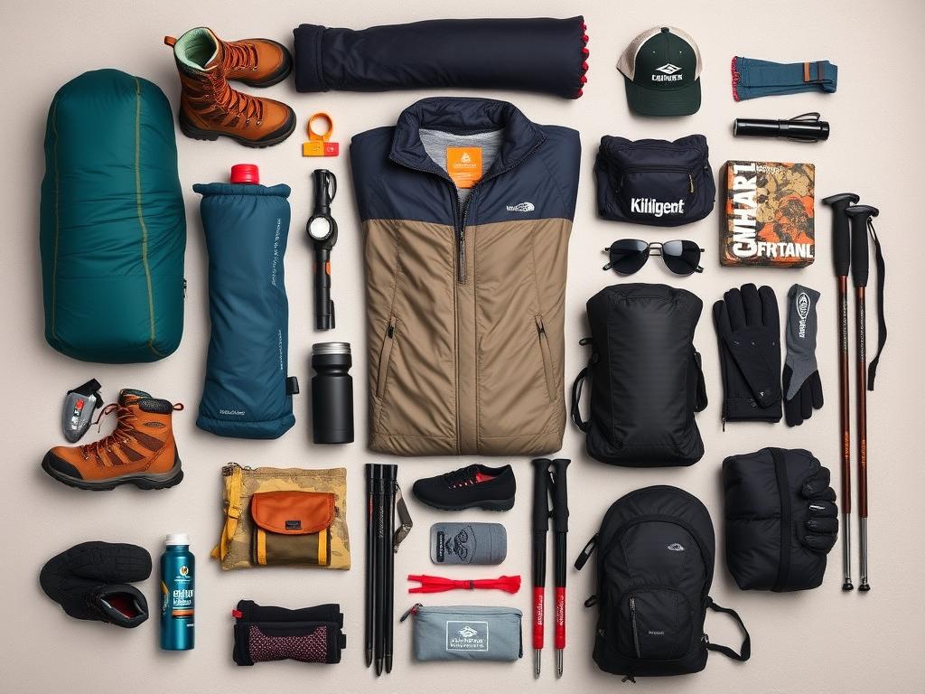 Essential gear laid out for a Mount Kilimanjaro climb