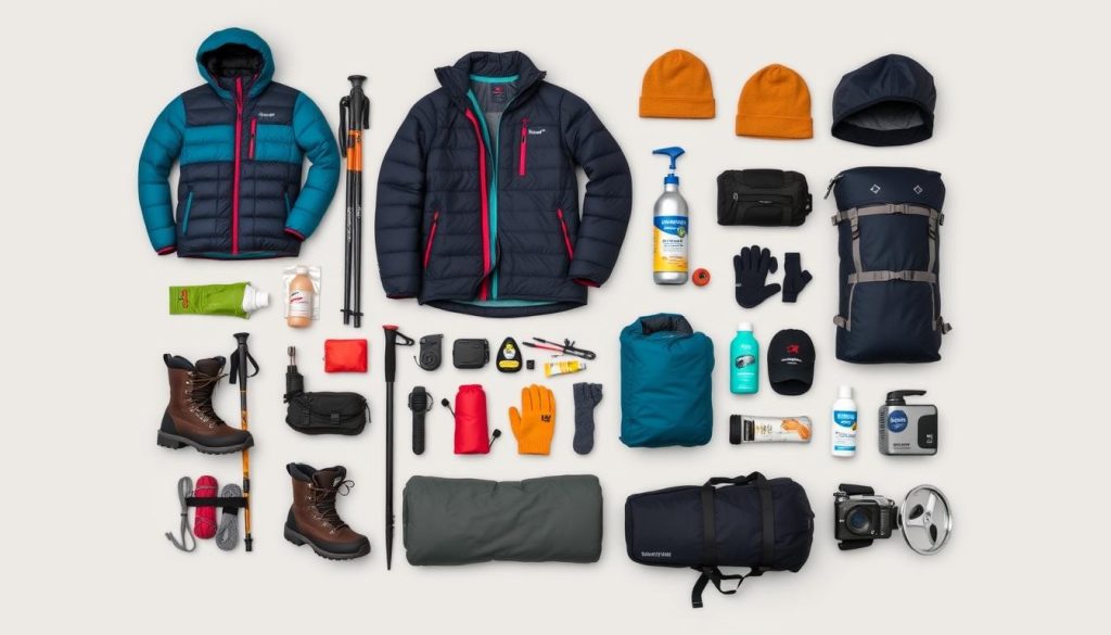 Essential gear laid out for a Mt Kilimanjaro climb including clothing layers, boots, and equipment