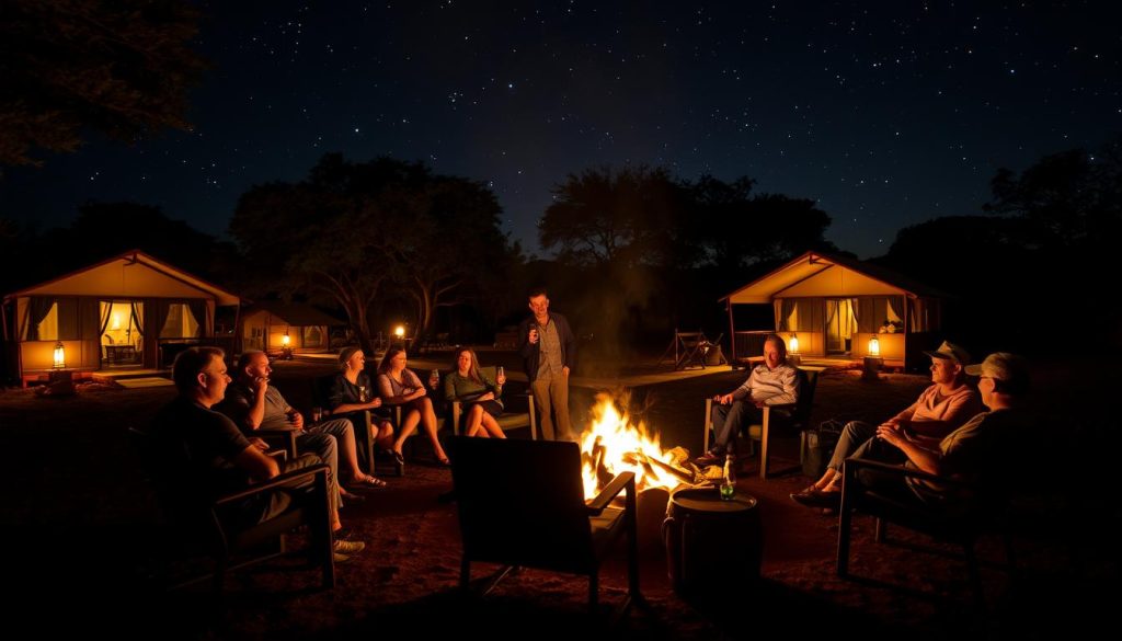 Evening campfire at a Tanzania mobile safari camp