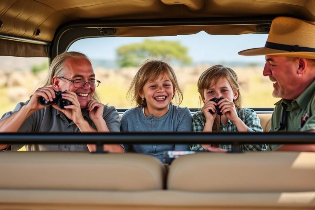 Family enjoying a safari game drive during a Tanzania adventure safari