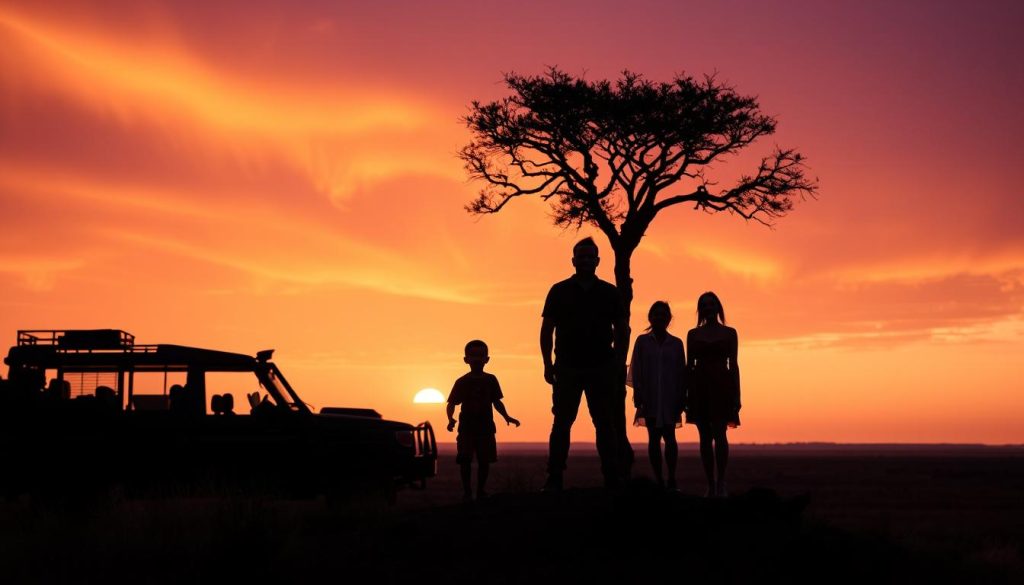 Family watching sunset in Serengeti on Tanzania safari