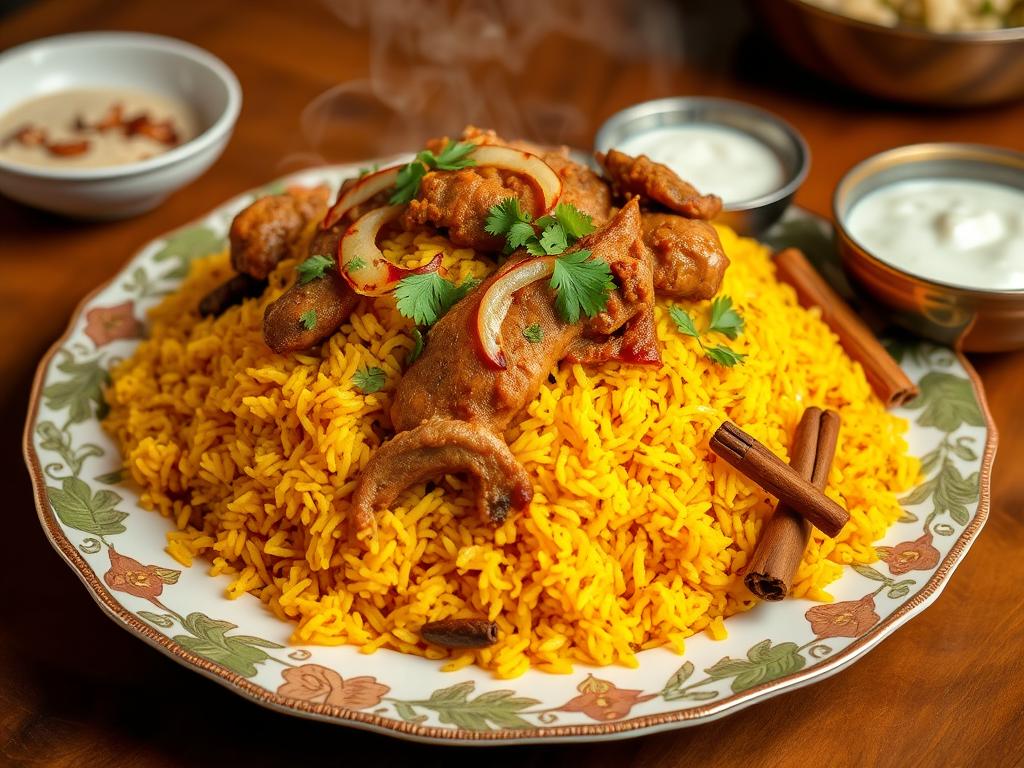 Fragrant Zanzibar biryani with saffron-colored rice and tender meat