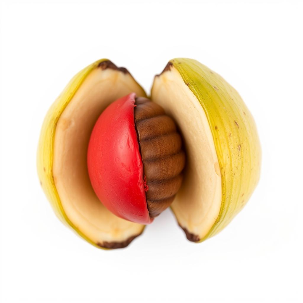 Fresh nutmeg with its distinctive red mace covering