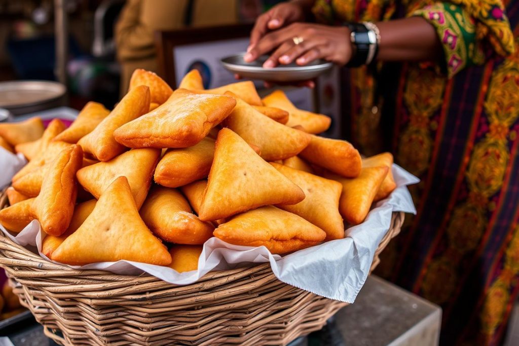 Freshly fried mandazi (Zanzibar doughnuts) being sold at a local market