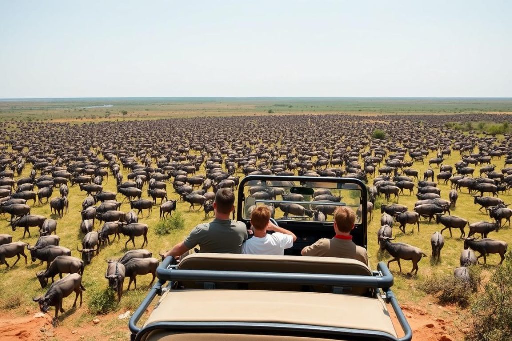 Game drive vehicle near wildebeest herds during Tanzania migration safari