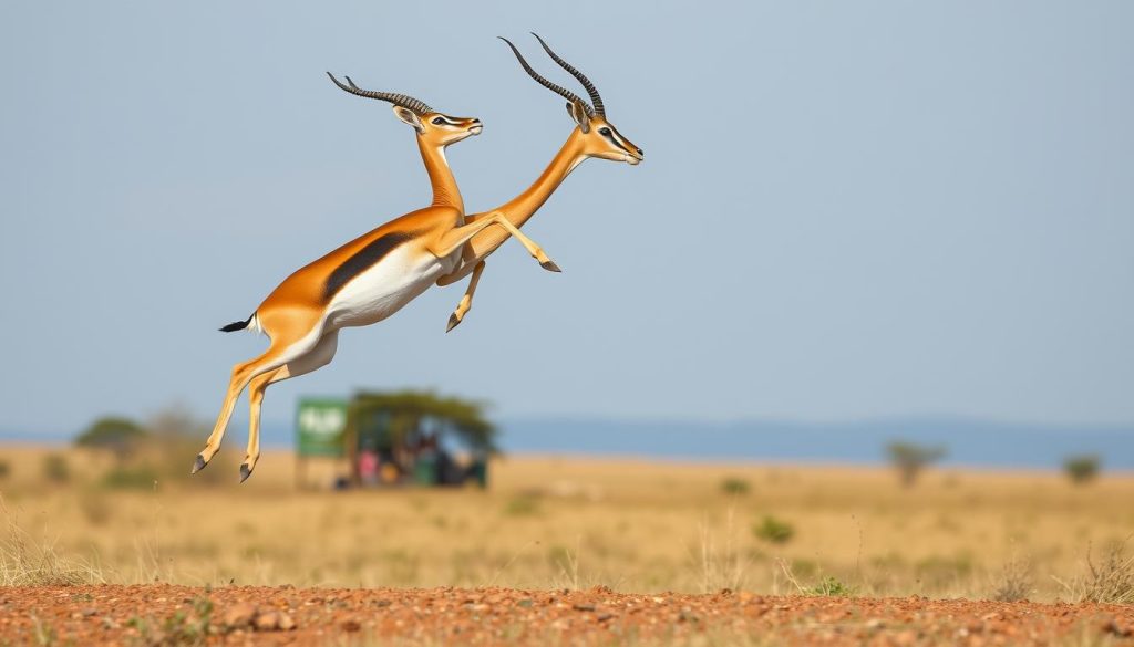 Gazelle performing stotting behavior with all four legs off the ground