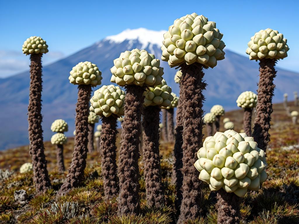 Giant groundsels (Dendrosenecio kilimanjari) in the moorland zone of Mt Kilimanjaro