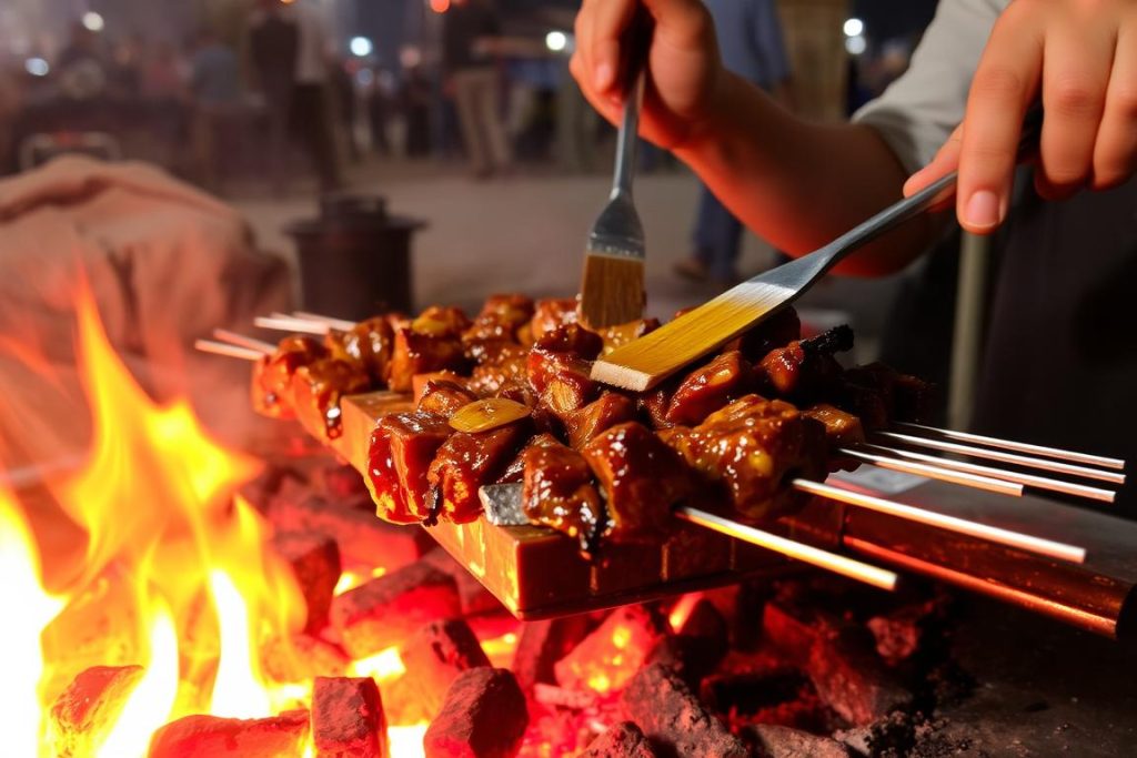 Grilled mishkaki skewers being prepared over hot coals at Forodhani Gardens
