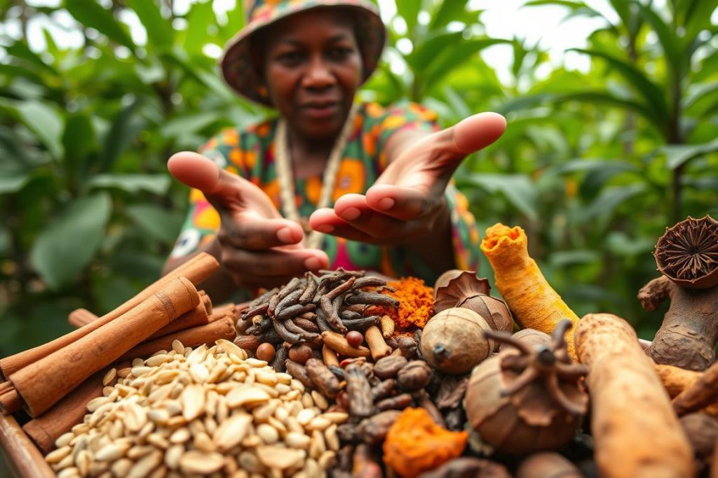 Guide showing fresh spices during a spice tour in Zanzibar, with cinnamon, cloves, and other colorful spices displayed