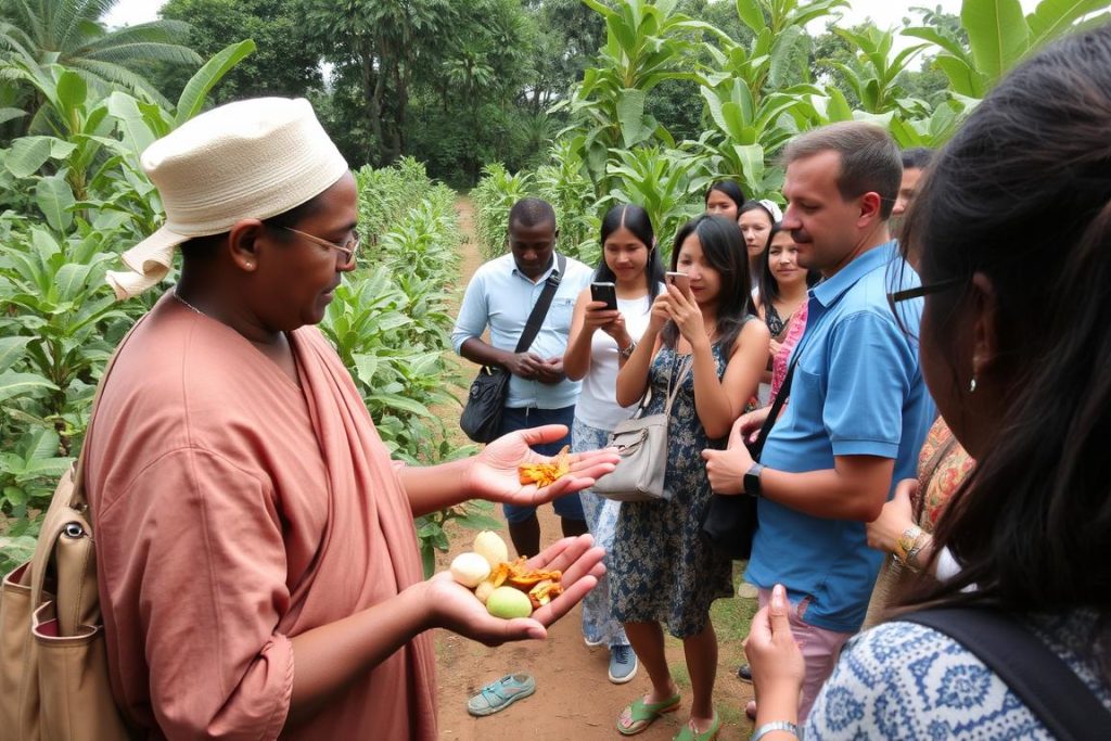 Guide showing tourists fresh spices on a Zanzibar spice farm tour