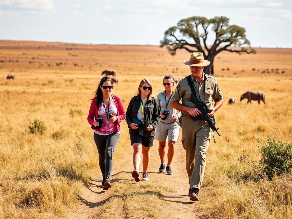 Guided walking safari in Tarangire National Park with tourists following a ranger through the savannah