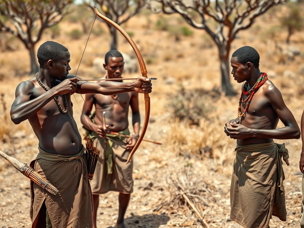 Hadzabe bushmen demonstrating traditional hunting techniques