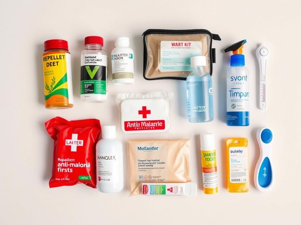 Health safety kit for Tanzania travel during rainy season including insect repellent and medications
