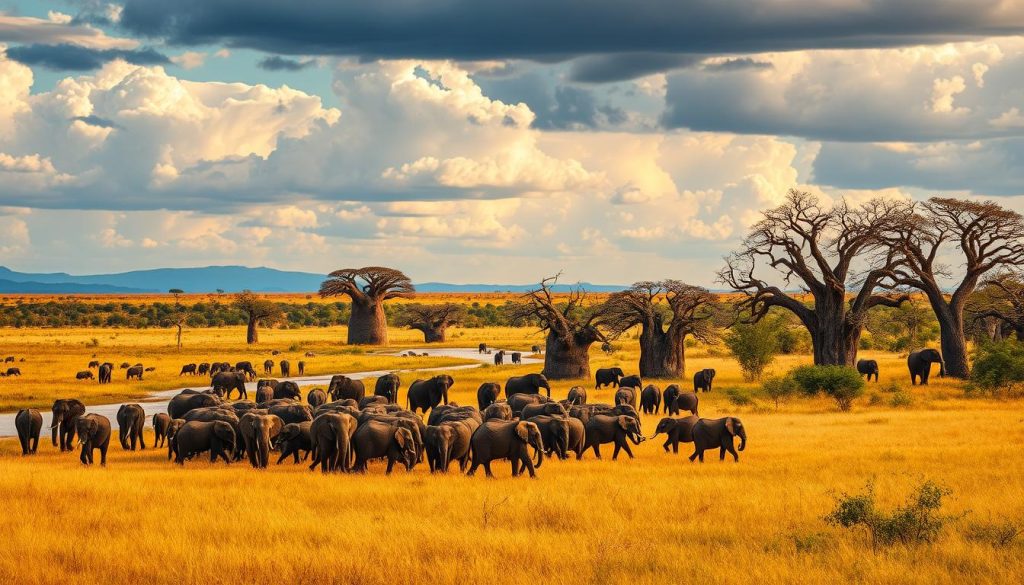 Herd of elephants gathering near Tarangire River with iconic baobab trees in the background at Tarangire National Park