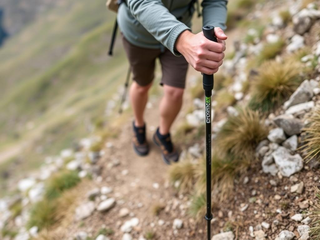 Hiker practicing with trekking poles on steep terrain during a Kilimanjaro training session