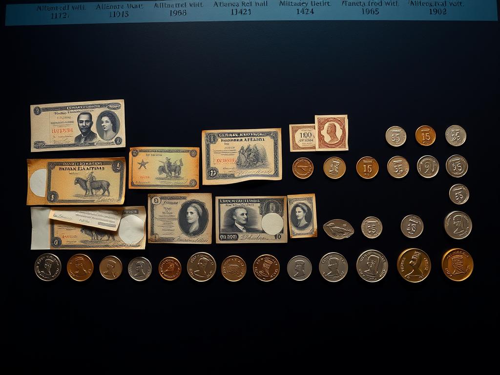 Historical Tanzanian currency notes and coins showing the evolution of Tanzania currency over time