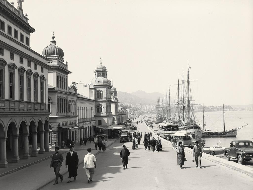 Historical photograph of colonial-era Tanga showing German-built architecture and harbor activities