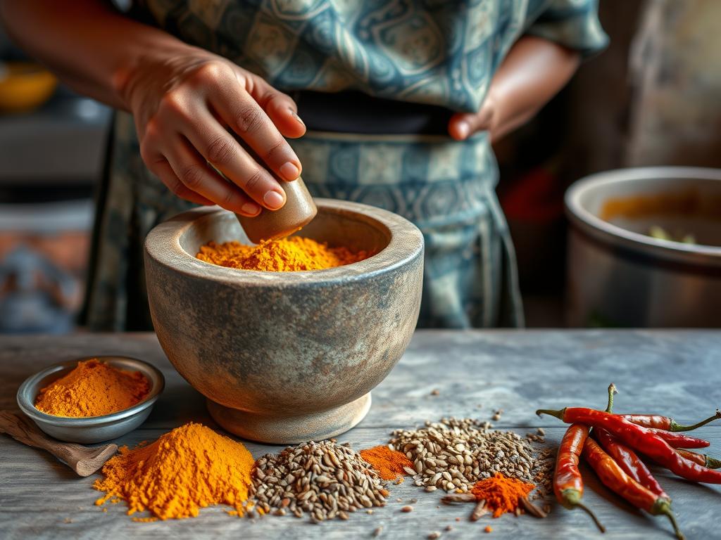 Homemade mchuzi curry spice blend being prepared by a Zanzibari cook