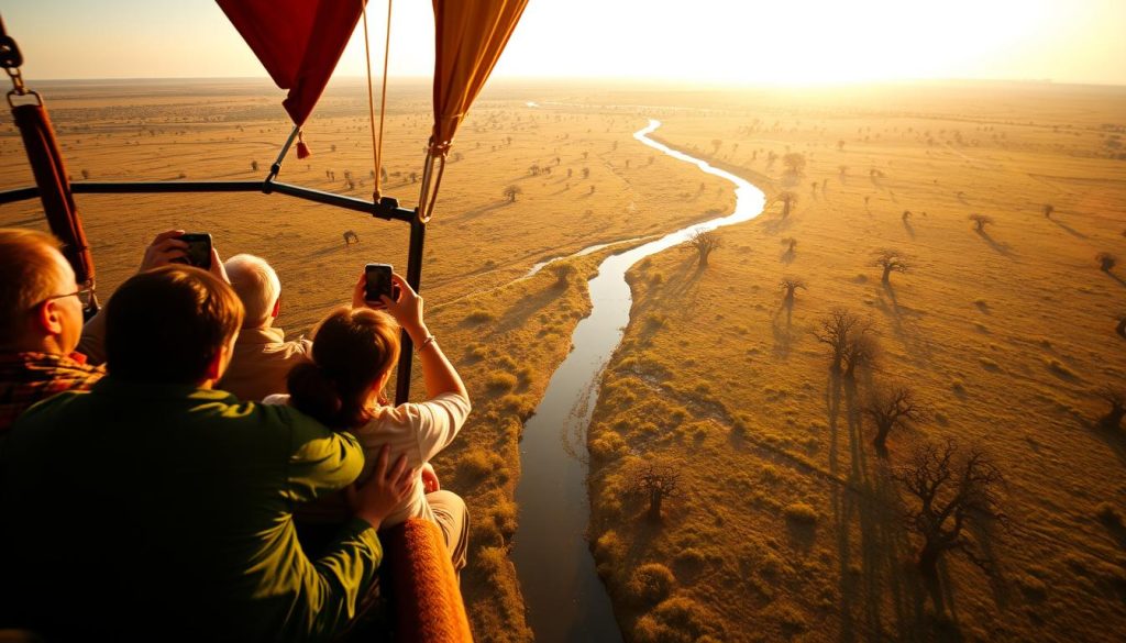 Hot air balloon floating over Tarangire at sunrise with wildlife visible below and passengers taking photos