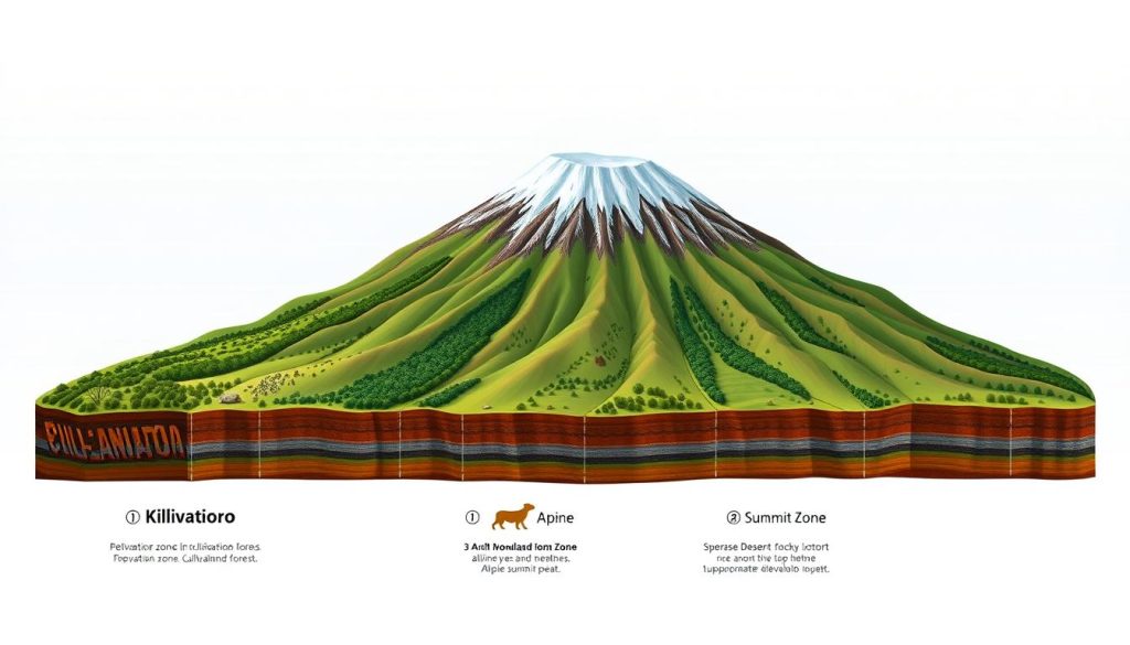 Illustration showing the five ecological zones of Mt Kilimanjaro from cultivated land to arctic summit