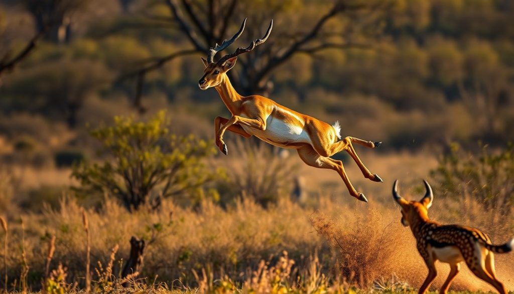Impala performing a high leap to evade a predator