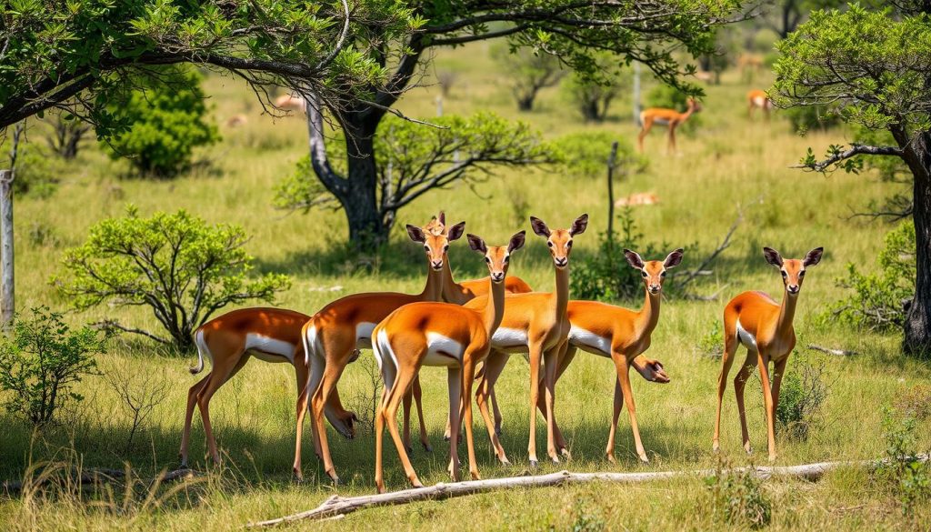 Impalas in savanna woodland showing their preferred habitat