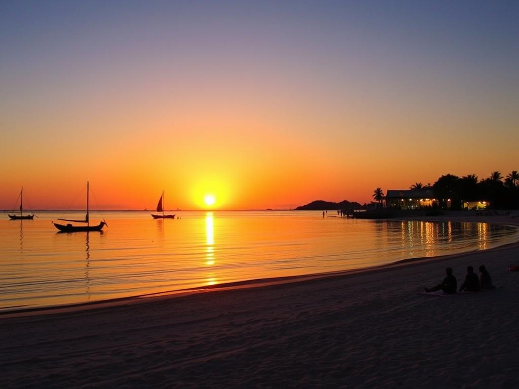Kendwa Beach in Zanzibar at sunset with beachgoers and boats on the horizon