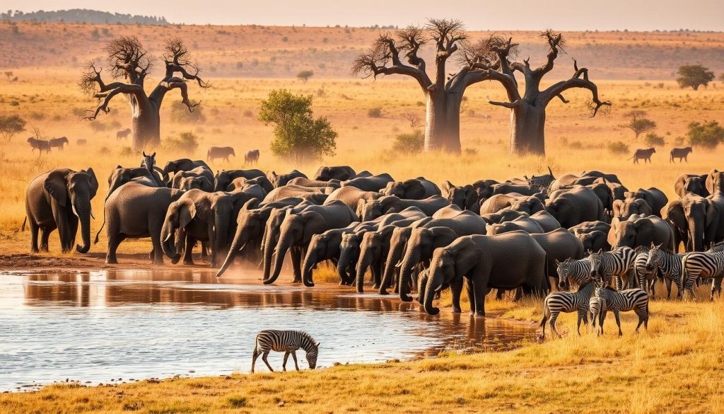 Large elephant herd drinking at a shrinking waterhole during Tarangire's dry season with predators lurking nearby