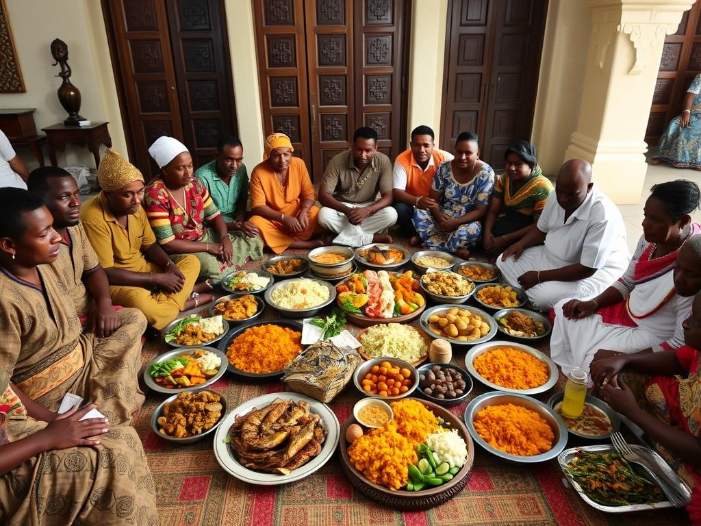 Large family gathering around a communal Zanzibari feast