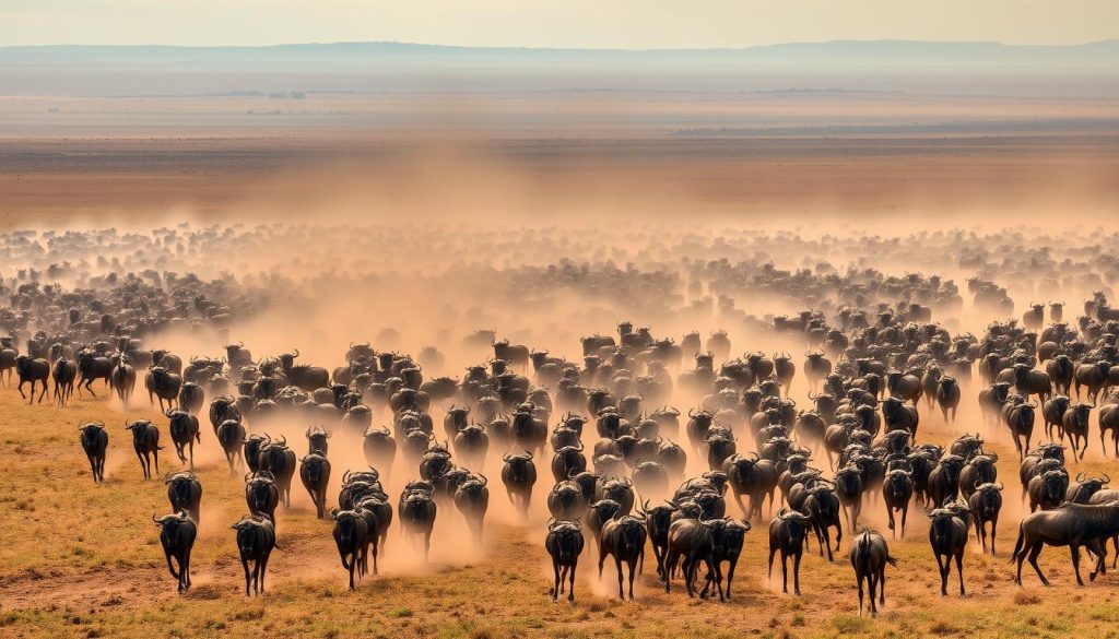 Large wildebeest herd during migration showing their massive social grouping