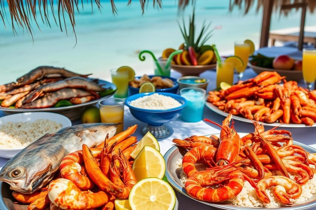 Lavish seafood lunch spread during a Safari Blue tour, featuring grilled fish, lobster, and tropical fruits on a beach setting