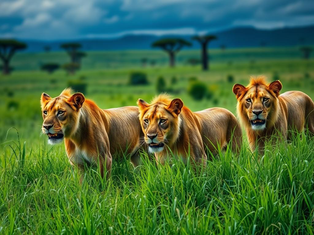 Lion pride hunting during Tanzania rainy season with lush green background
