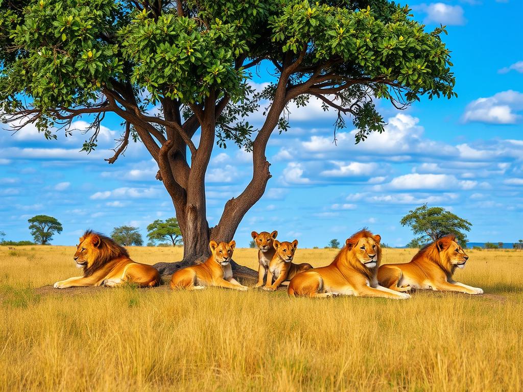 Lions resting under acacia tree on Tanzania family safari