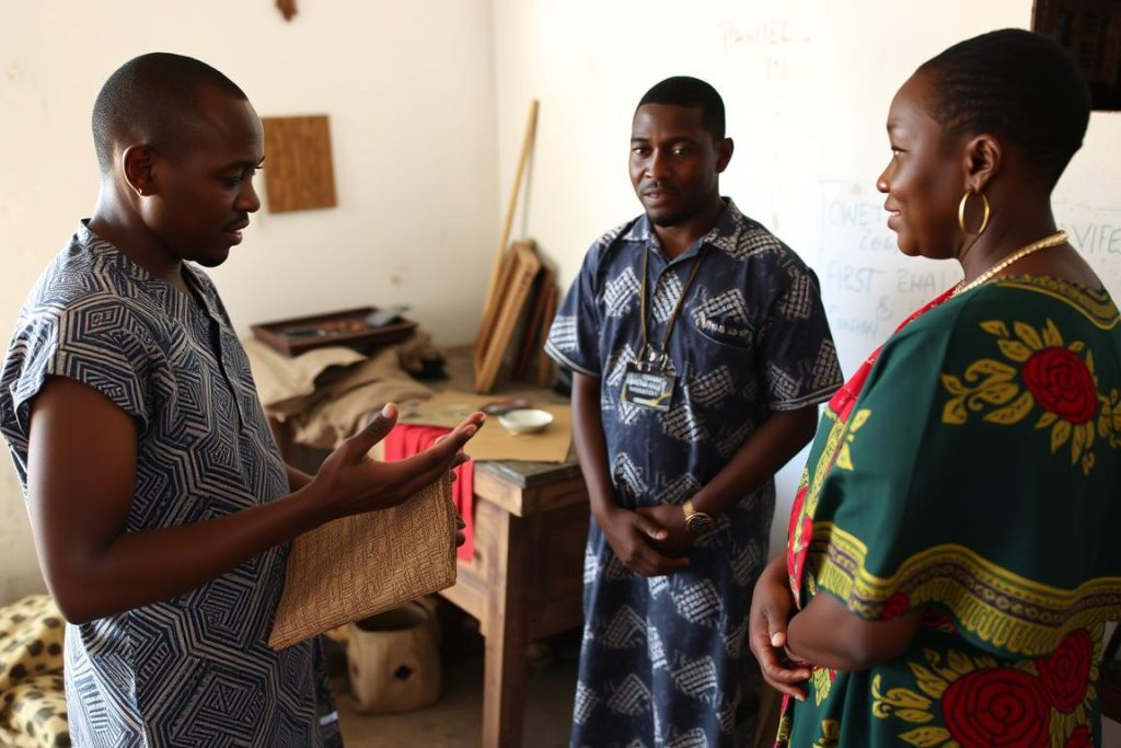 Local artisan explaining the meaning of kanga patterns to interested visitors