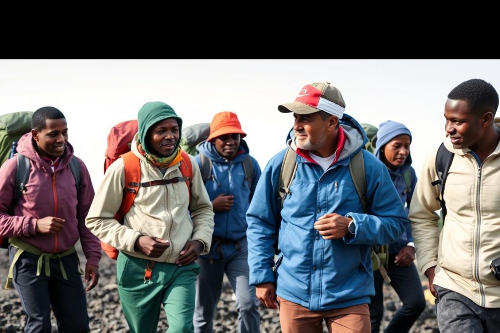 Local guides and porters from the Chagga community leading climbers on Mt Kilimanjaro