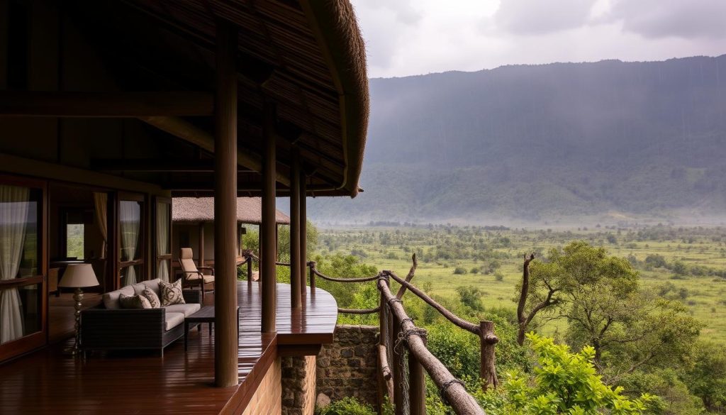 Luxury safari lodge with covered veranda overlooking rainy landscape in Tanzania