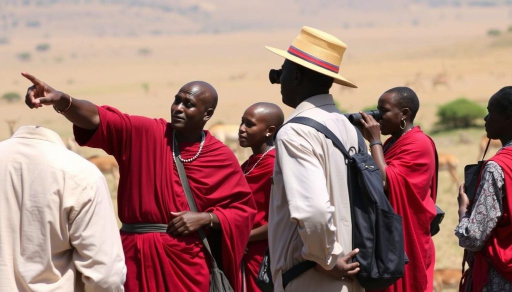 Maasai guide explaining wildlife behavior to safari tourists