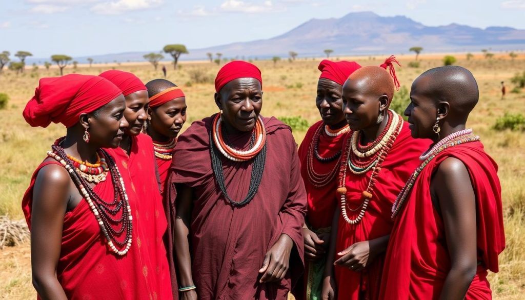Maasai tribespeople in traditional clothing speaking their native language