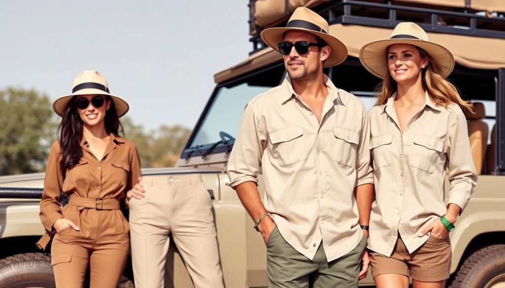Man and woman wearing coordinated safari clothing styles